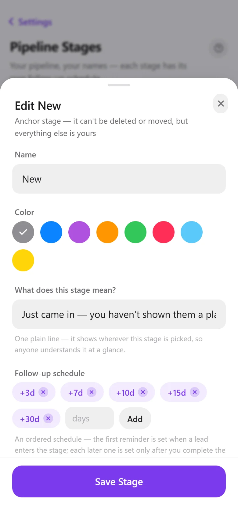 The default follow-up schedule for a new lead in NudgeNow: 3, 7, 10, 15 and 30 days after they come in