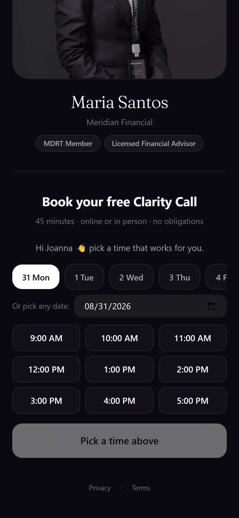 The booking page a lead opens from the one-tap link: a day strip and real slots from the advisor's calendar