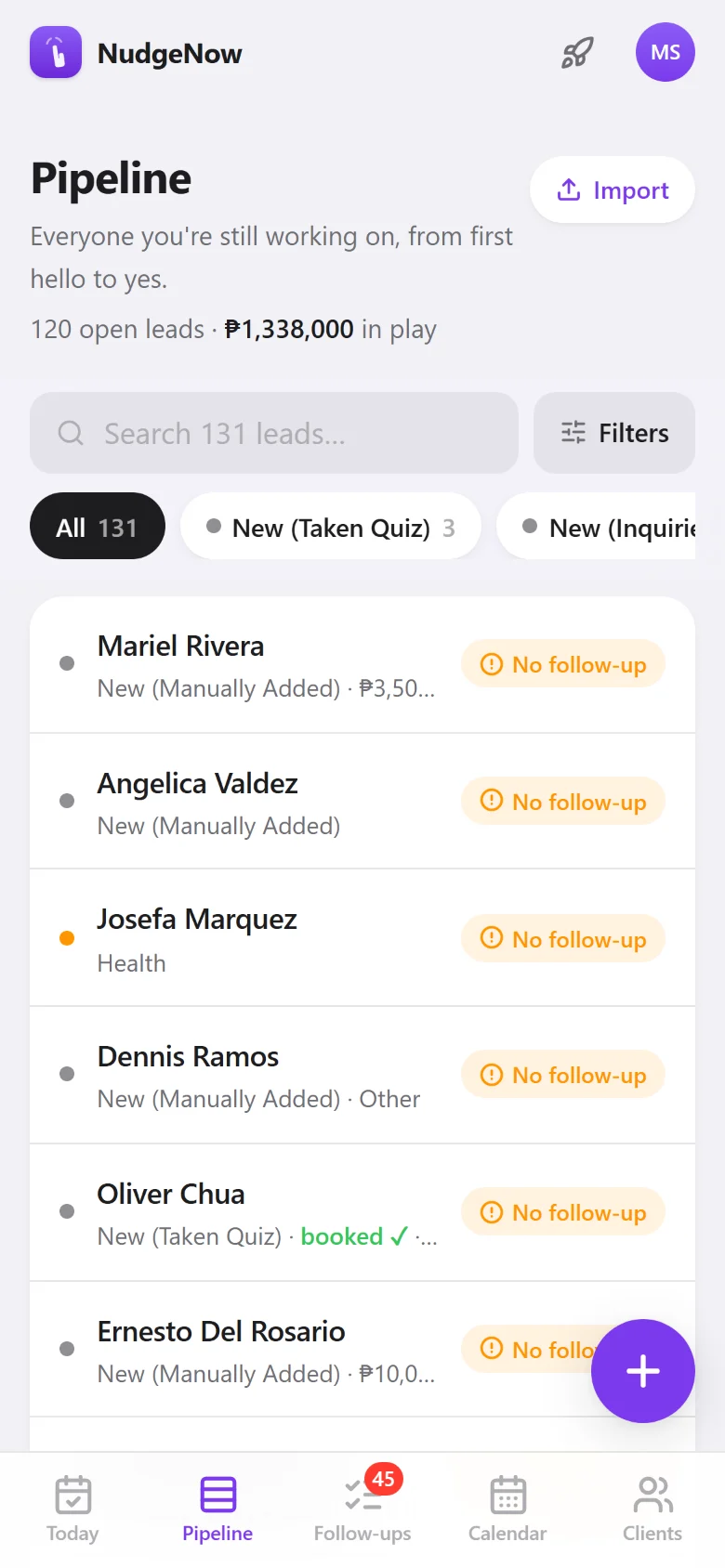 The pipeline after an import: every name in New, each one waiting for its first follow-up